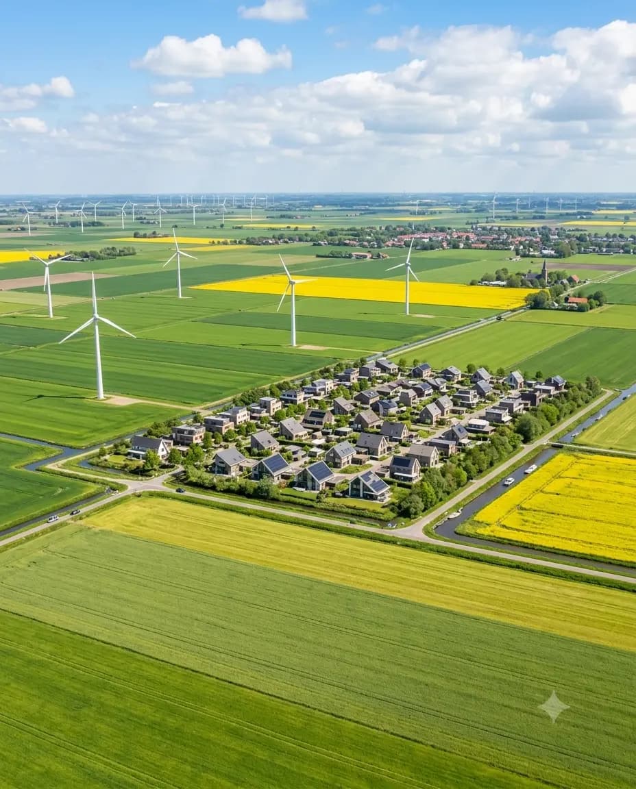 Windmolens en een duurzame woonwijk tussen groene en gele velden