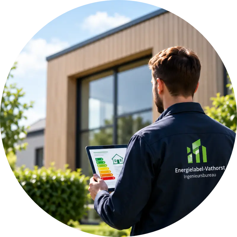 Adviseur van Energielabel Vathorst bekijkt een woning met een tablet in de hand