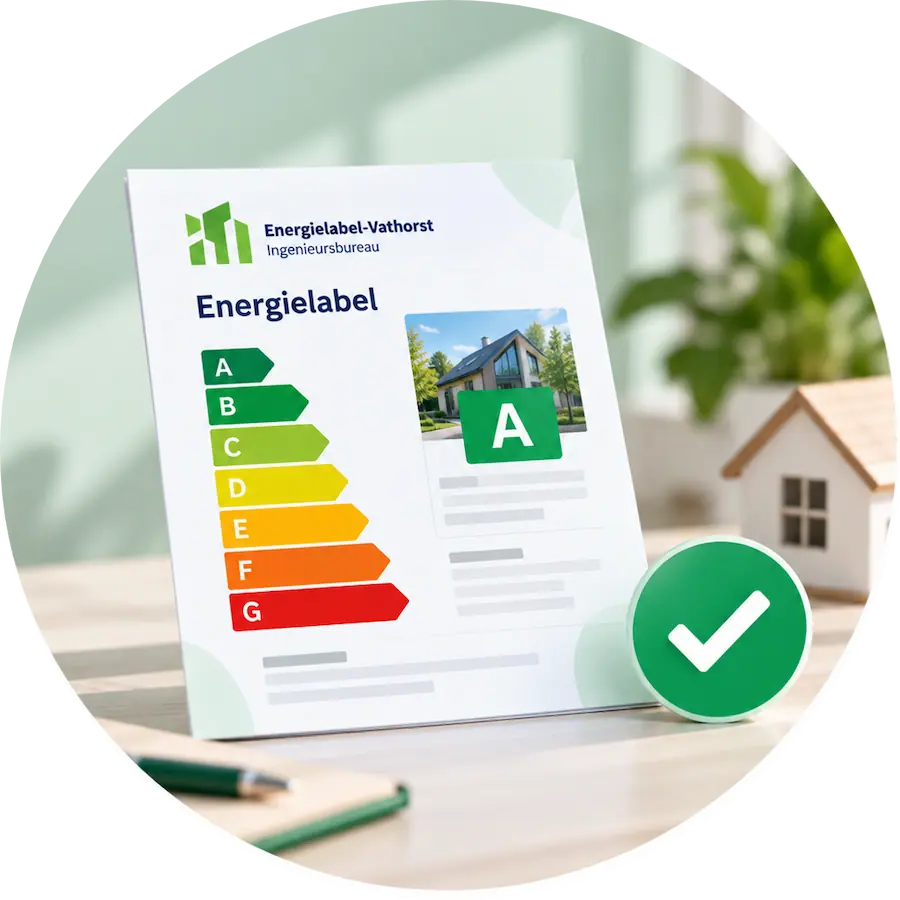 Energielabel met klasse A op een bureau, met een groen vinkje ernaast